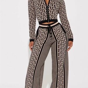 Fashion Nova Black and Beige Wide Leg Jumpsuit